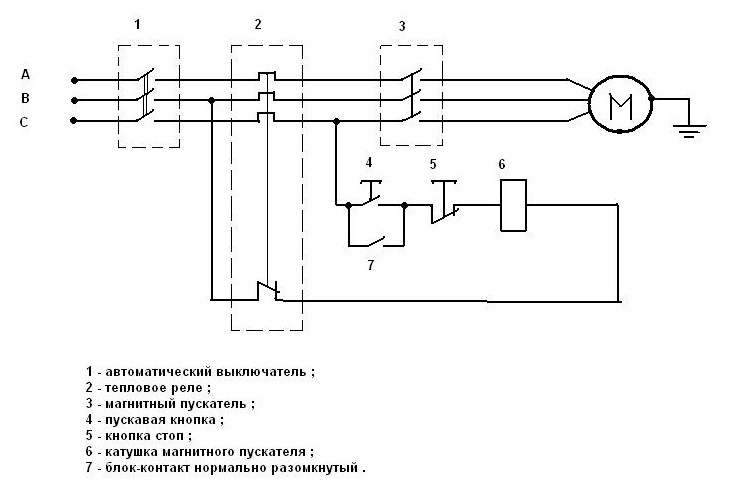 Подключение двигателя через пускатель с тепловым реле